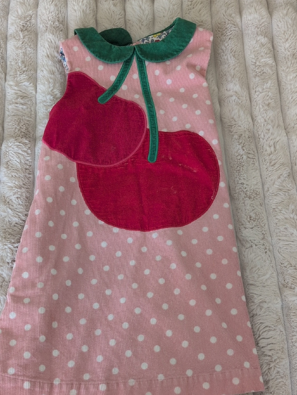 Mini Boden Pink Polka Dot Dress with Green Cord Collar and Floral Lining